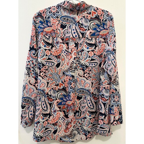 Charter Club Woman 1X Paisley Button Front Blouse Navy Coral Long Sleeve - Picture 2 of 6